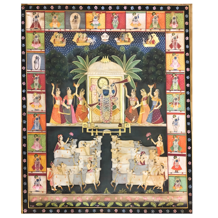Decorative panel with central scene of deities and animals, surrounded by smaller images of people and animals _Shrinathji with Gopis and the Sacred Herd_Pichwai painting 
