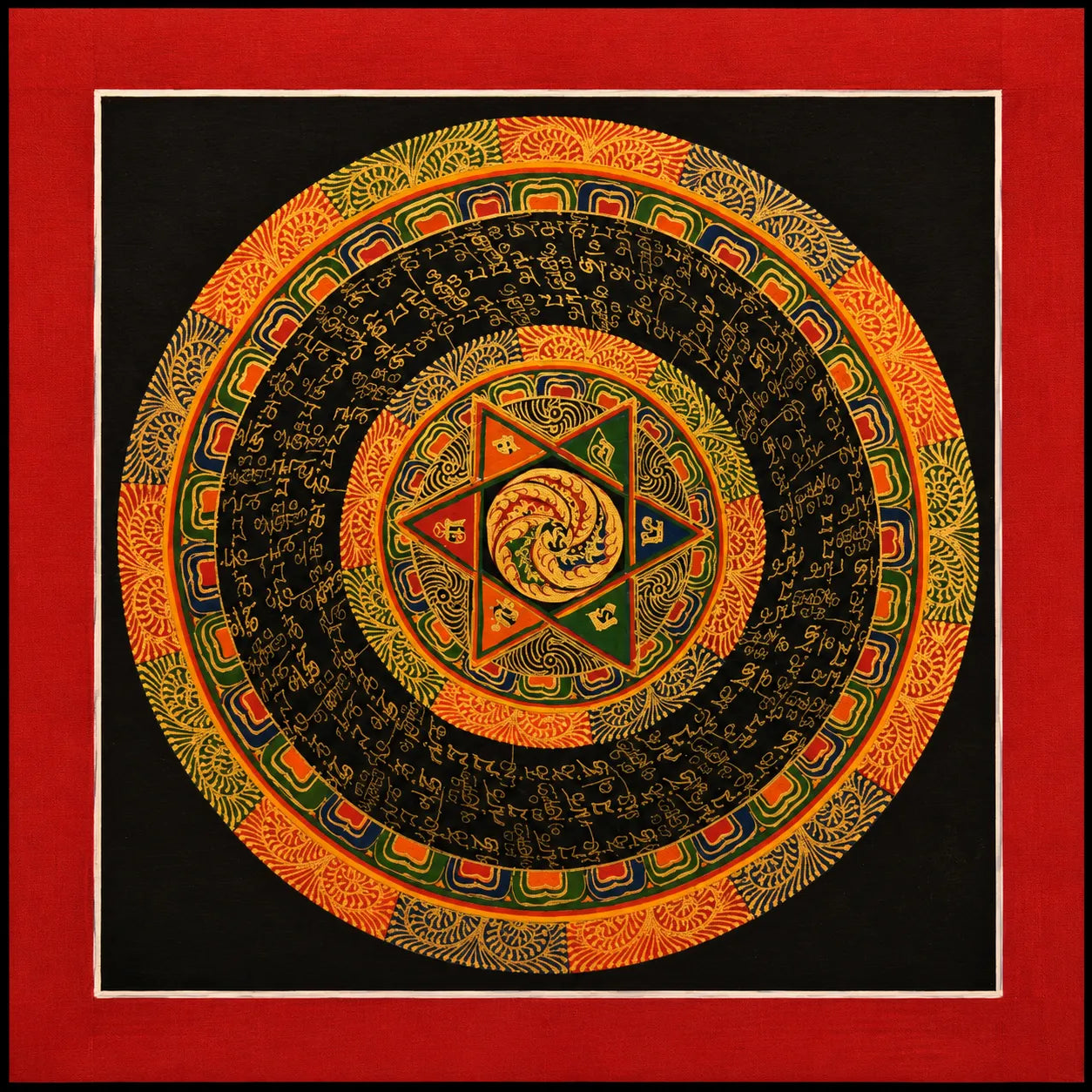 Handcrafted Indian mandala wall art with intricate patterns and sacred script, framed in red