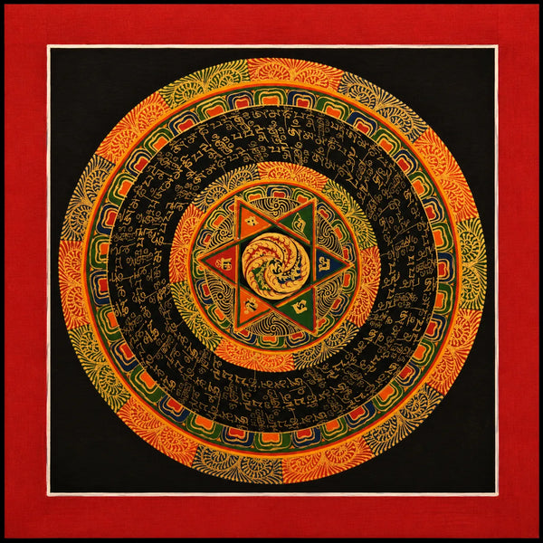 Handcrafted Indian mandala wall art with intricate patterns and sacred script, framed in red