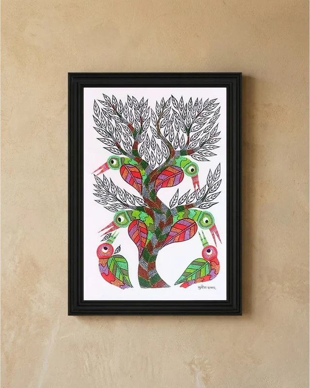 Framed artwork of a colorful tree with abstract designs on a beige wall.