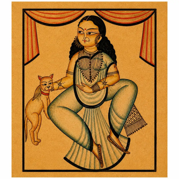 Stylized woman with Dog in Kalighat by Chandan Chitrakar