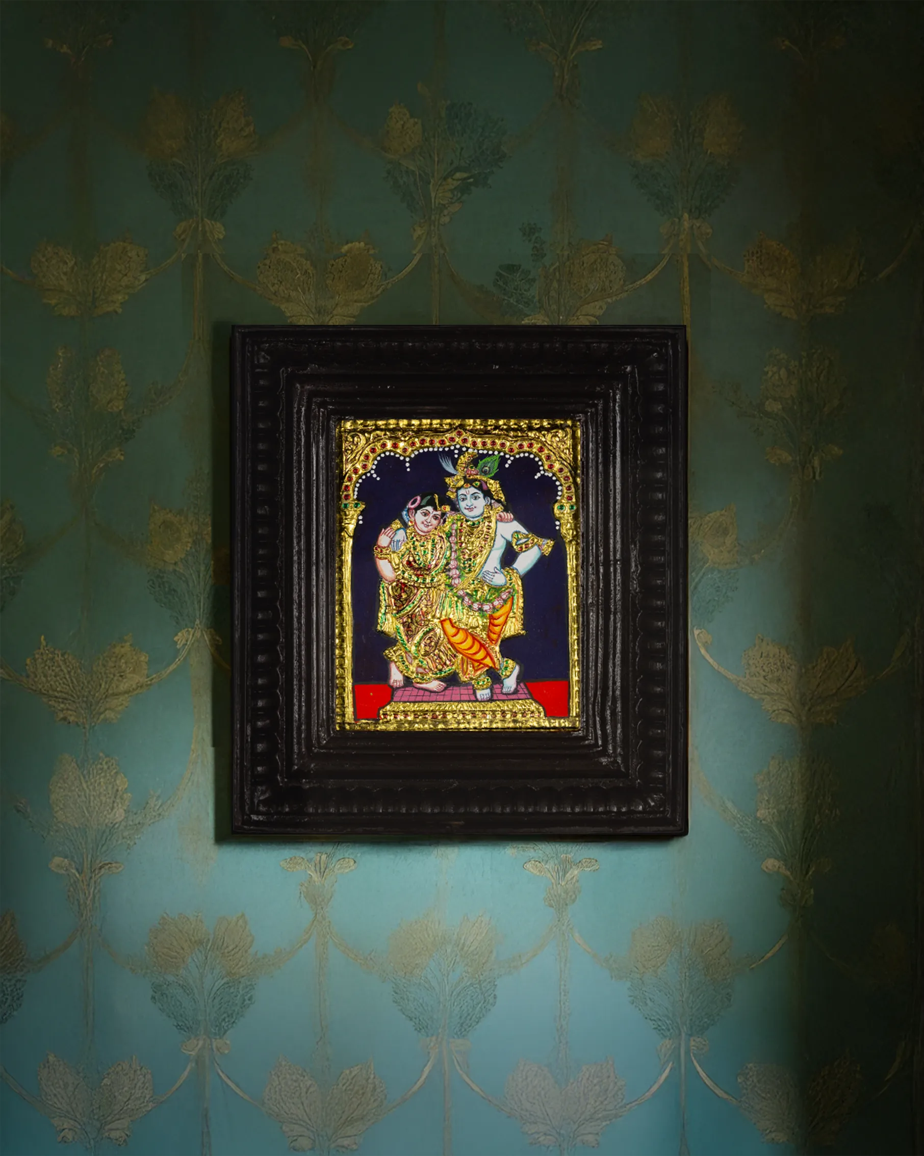 Divine Melody: Krishna & Rukmini in Tanjore Elegance