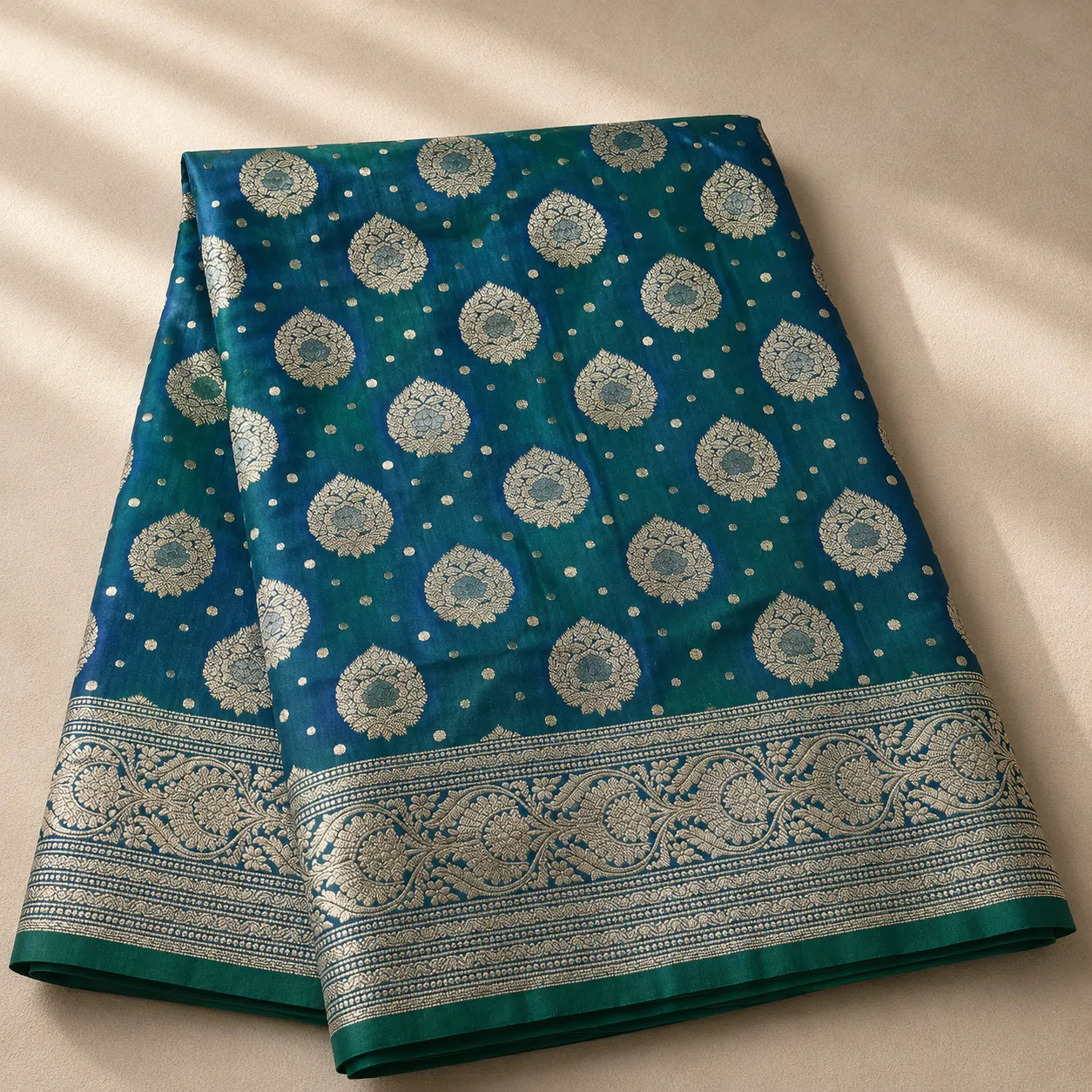 Teal Blue Banarasi Saree with Floral Zari Butis