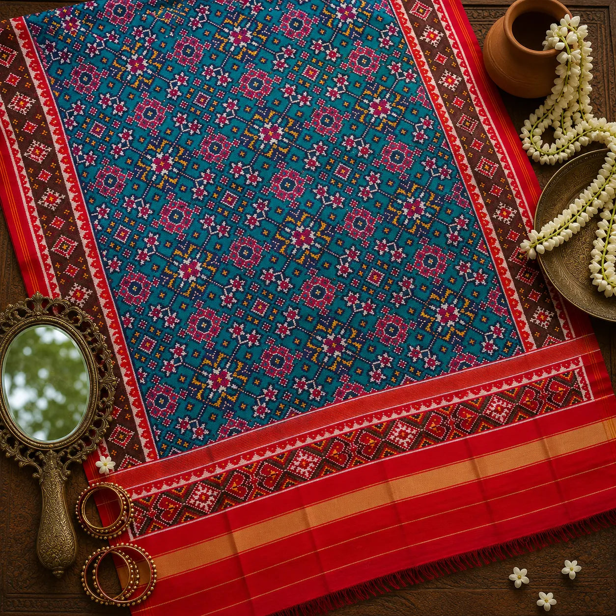 Teal Floral Patola Dupatta