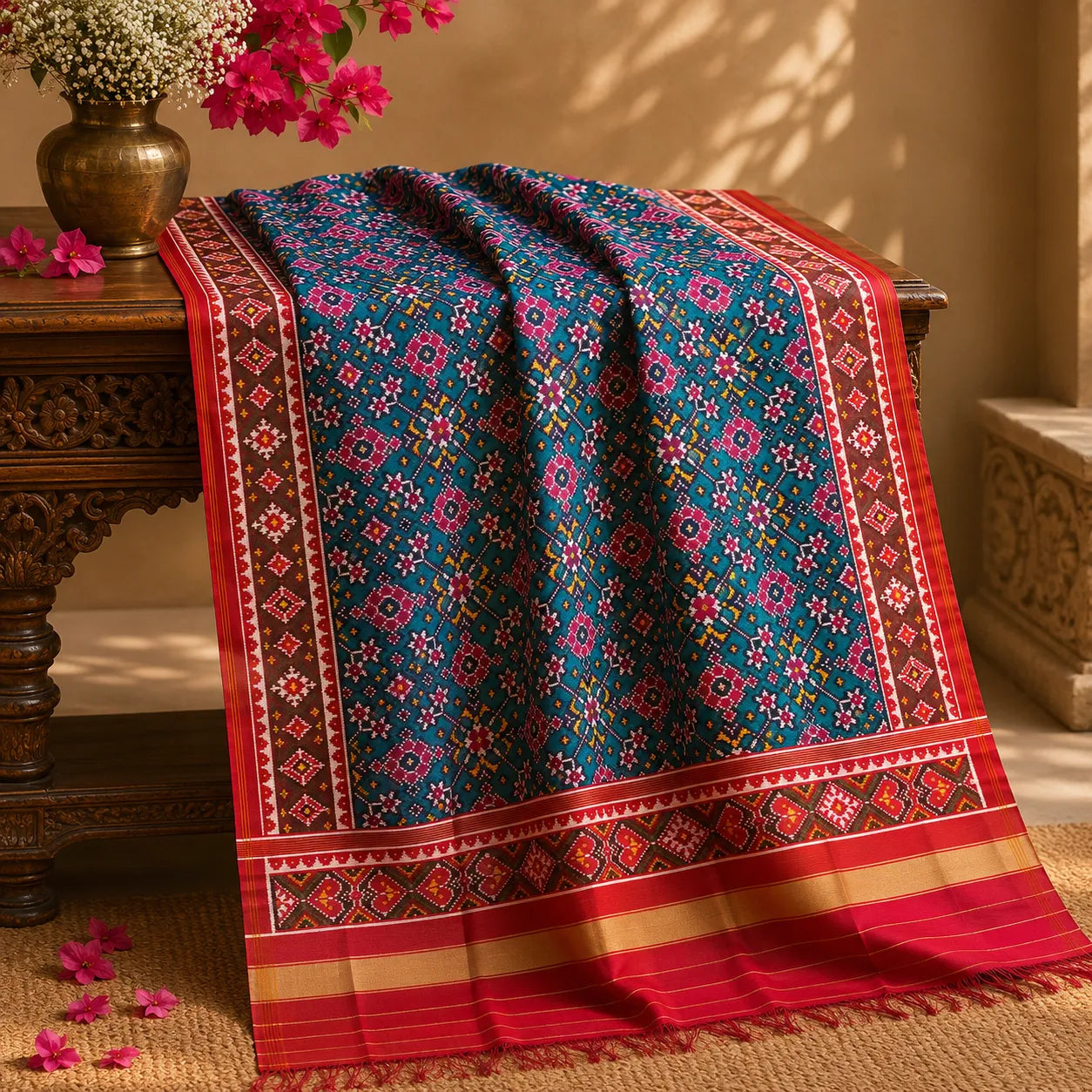 Teal Floral Patola Dupatta