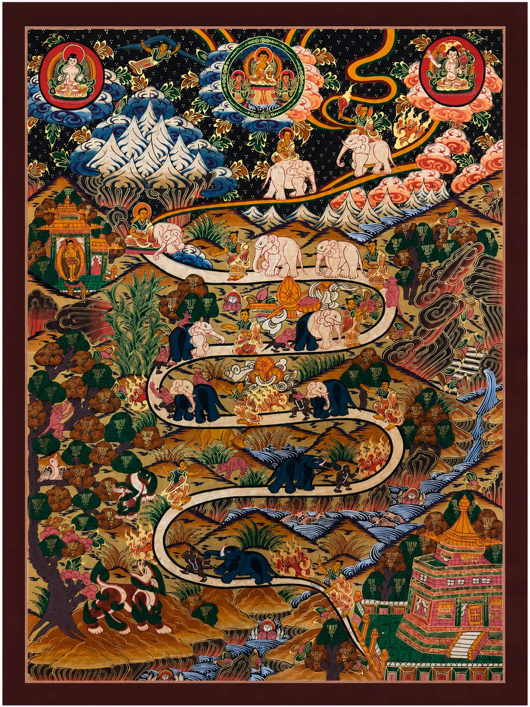 Traditional Tibetan thangka painting with elephants, deities, and mountain landscapes, handcrafted Indian art