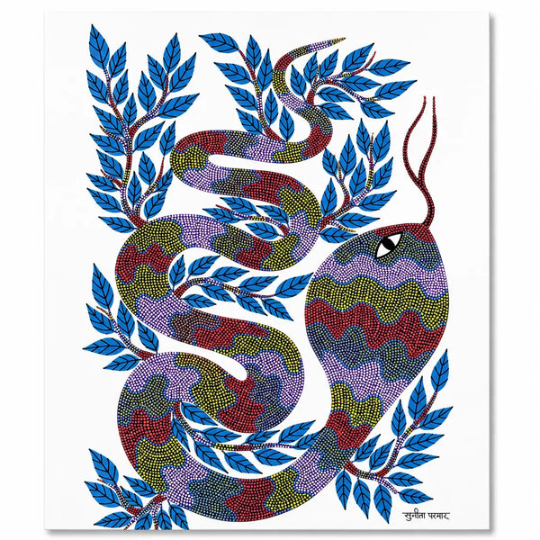 The Coiled Serpent in Bhil Art Painting by Sunita Parmar