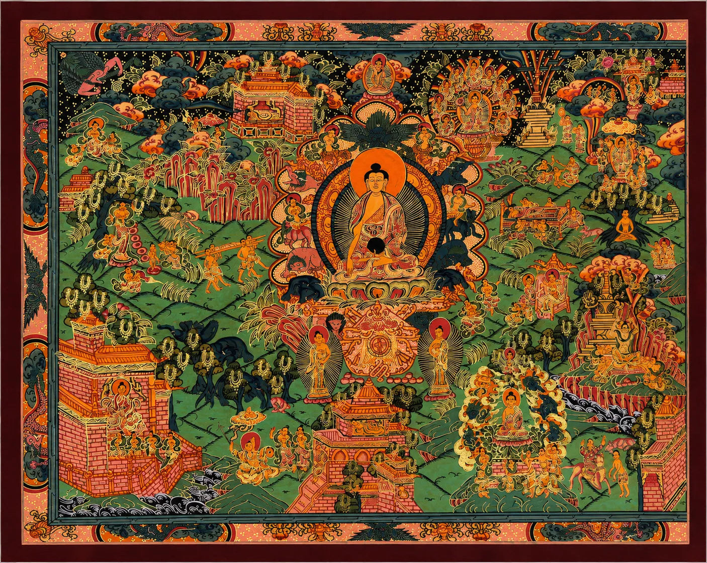 Buddha Thangka painting with intricate mandala details, vibrant colors, and traditional Tibetan art style