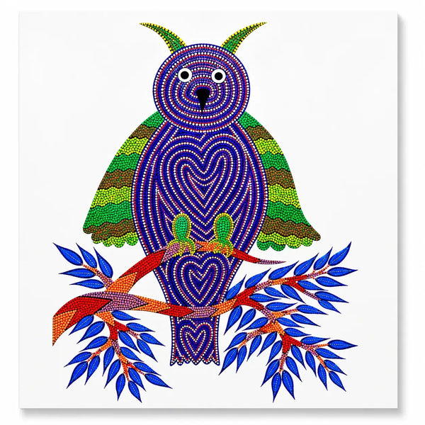 The Heart-Patterned Owl in Bhil Art Painting by Sunita Parmar