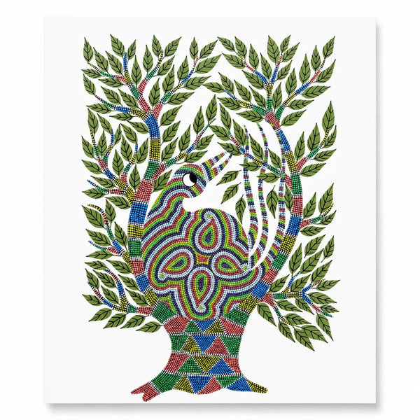The Leaf-Tailed Bird in Bhil Art Painting by Sunita Parmar