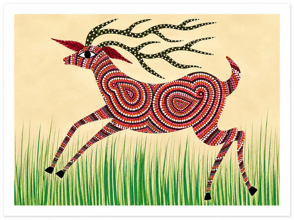 The Leaping Stag — Authentic Bhil Animal Painting