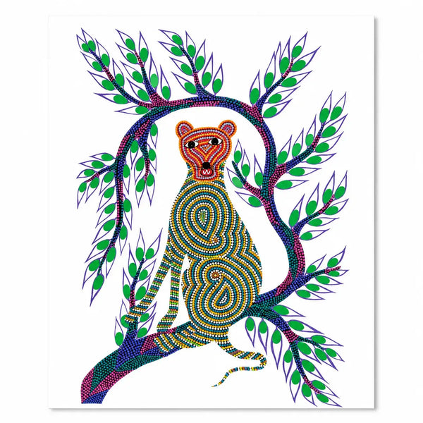 The Watchful Leopard — Authentic Bhil Animal Painting