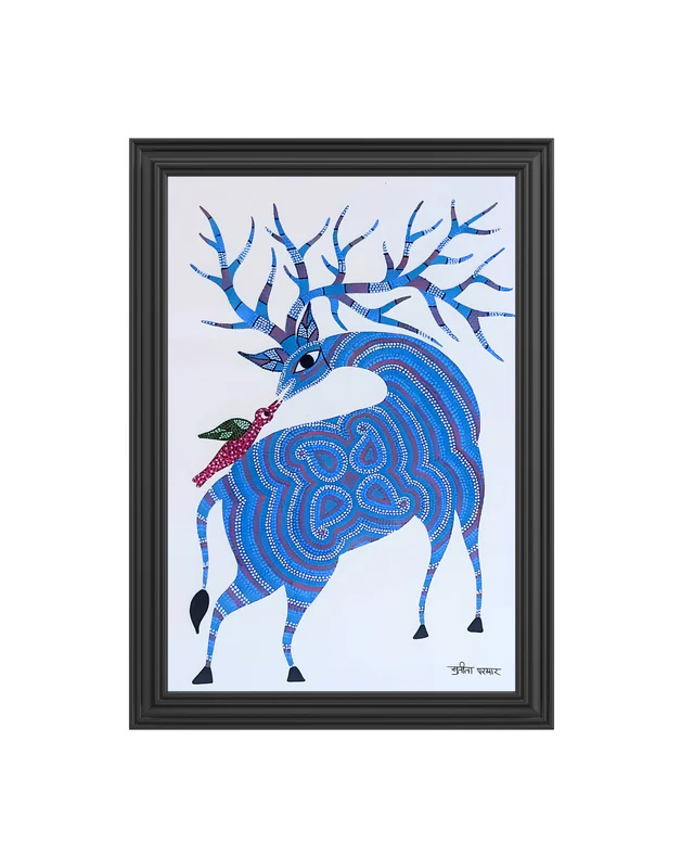 Framed artwork of a blue deer with intricate patterns on a white background