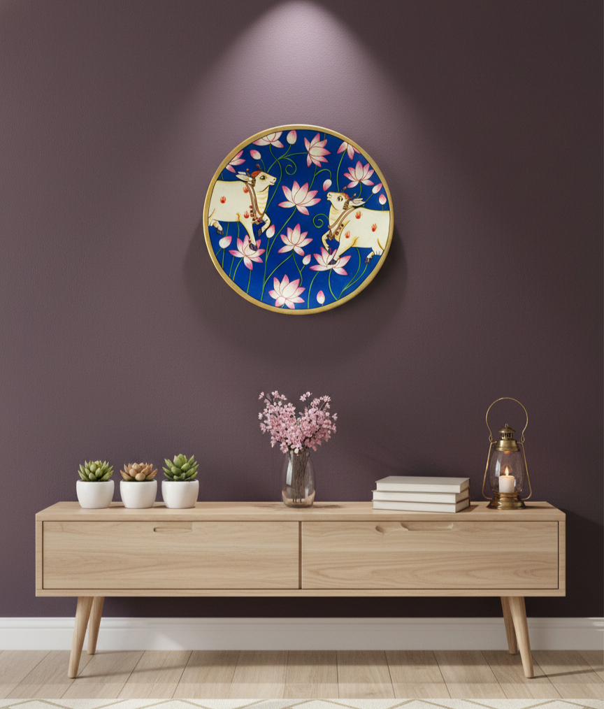 Decorative wall plate with floral and animal design The Leelas of Vrindavan pichwai plate