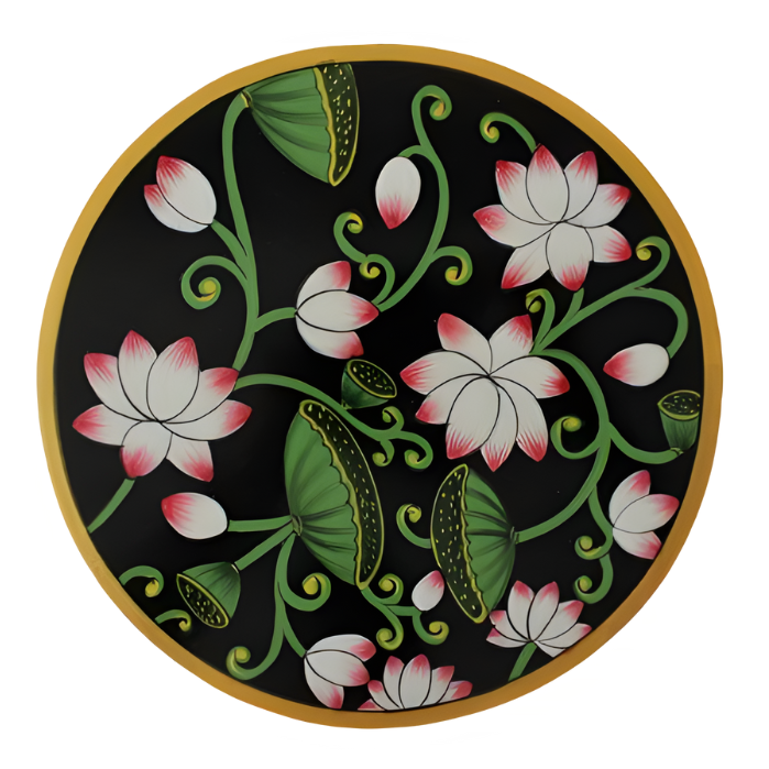 Decorative plate with floral design on a black background Pichwai plate_The sacred lotus grove