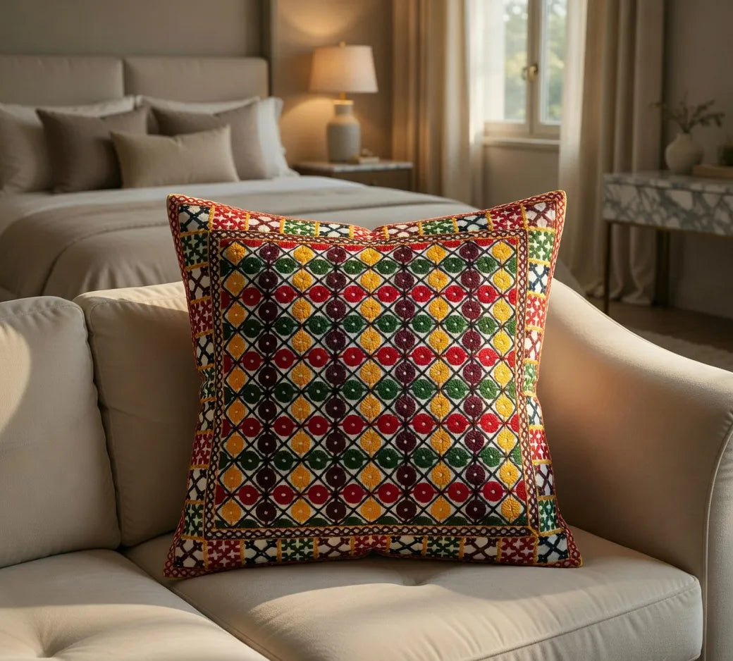 Traditional Trellis Hand-Embroidered Cotton Cushion Cover Set of 5