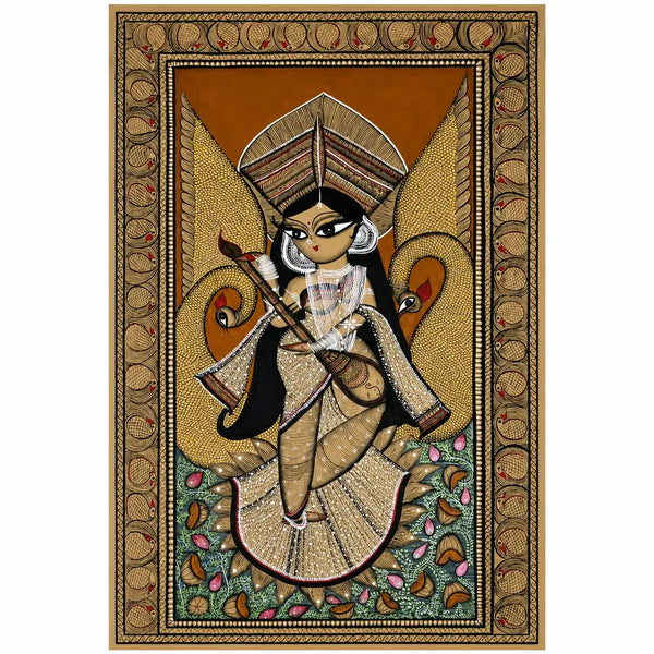 Goddess Saraswati with Veena and Swans in Pattachitra by Chandan Chitrakar