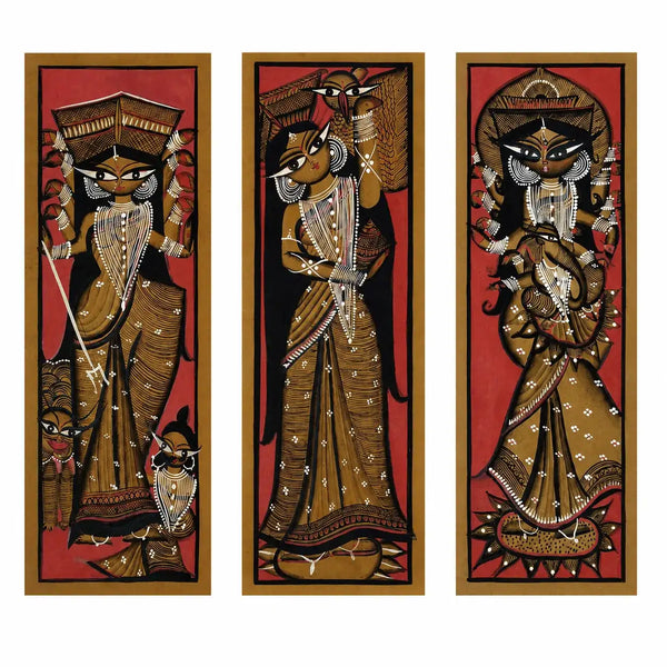 The Divine Feminine Trio: Durga, Saraswati & Lakshmi in Pattachitra by Chandan Chitrakar (Set of 3)