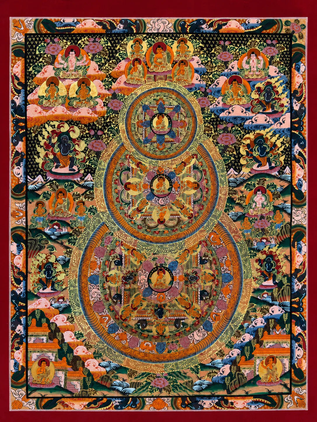 Hand-painted Tibetan thangka with intricate mandala, deities, and symbolic motifs on dark background