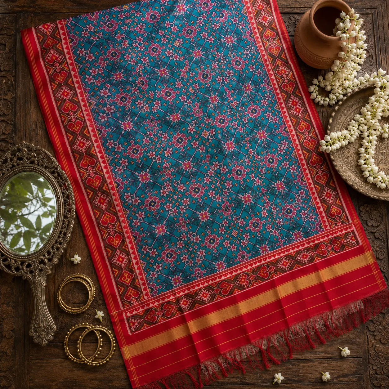 Turquoise Floral Patola Dupatta