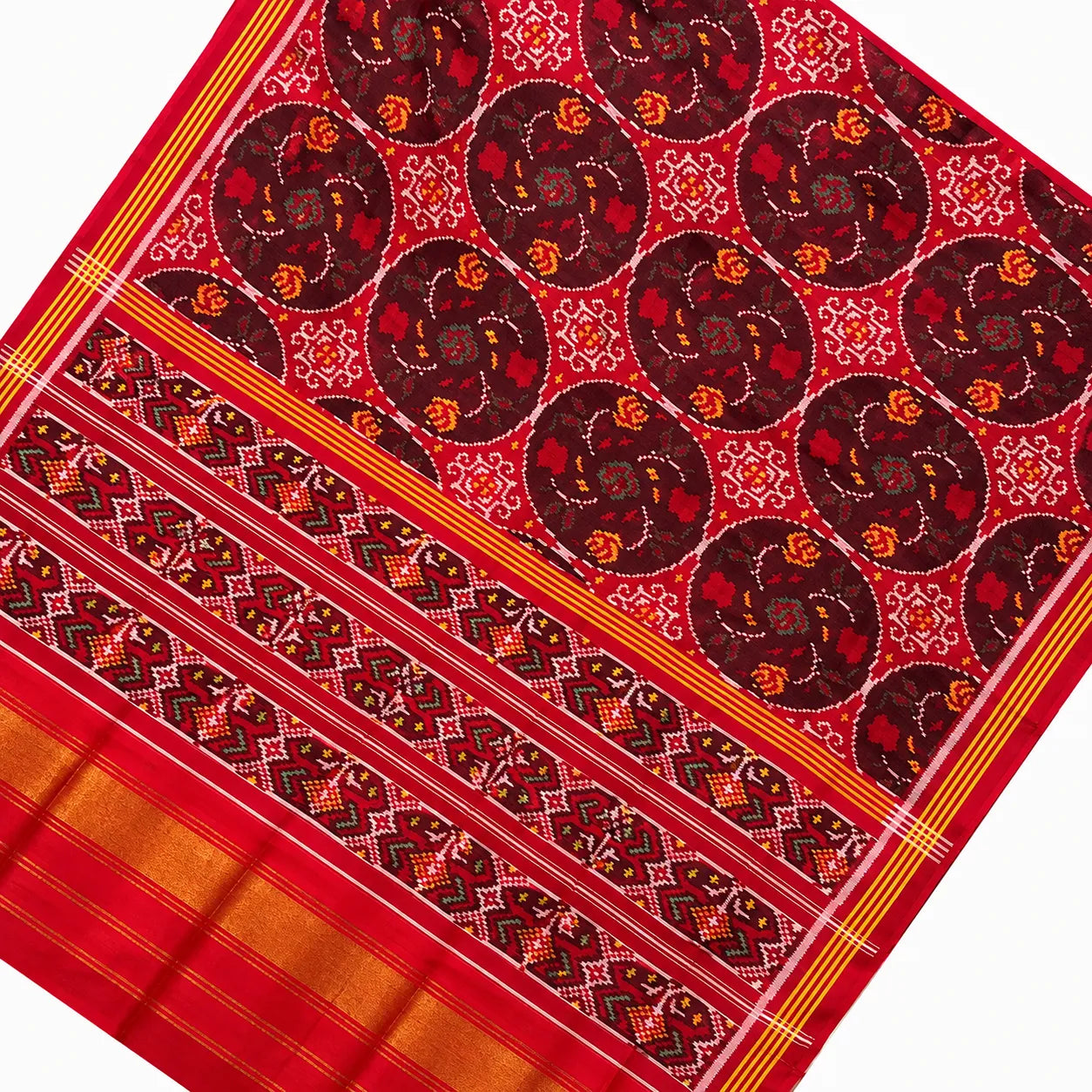 Crimson Floral Circle Motif Patola Saree