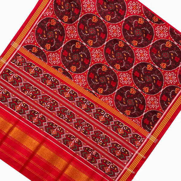Crimson Floral Circle Motif Patola Saree