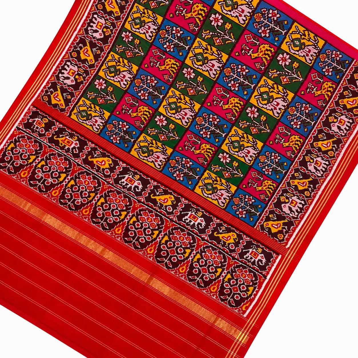 Crimson Multicolour Folk Motif Patola Saree