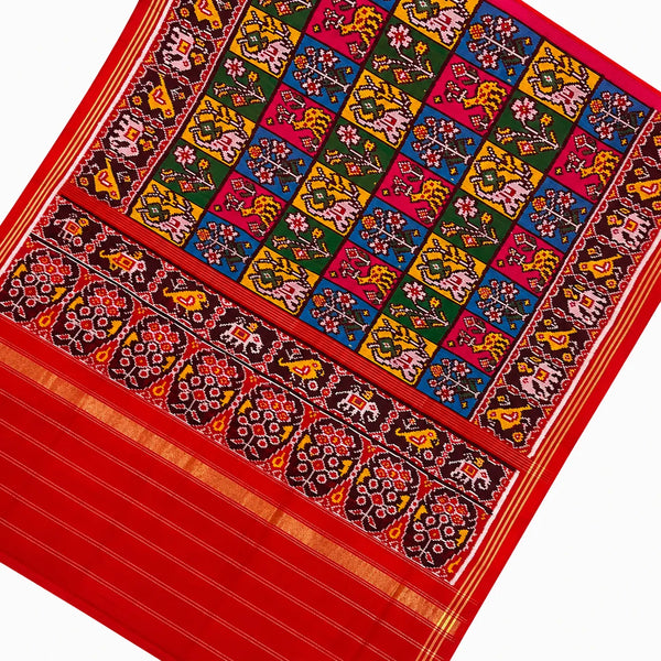 Crimson Multicolour Folk Motif Patola Saree