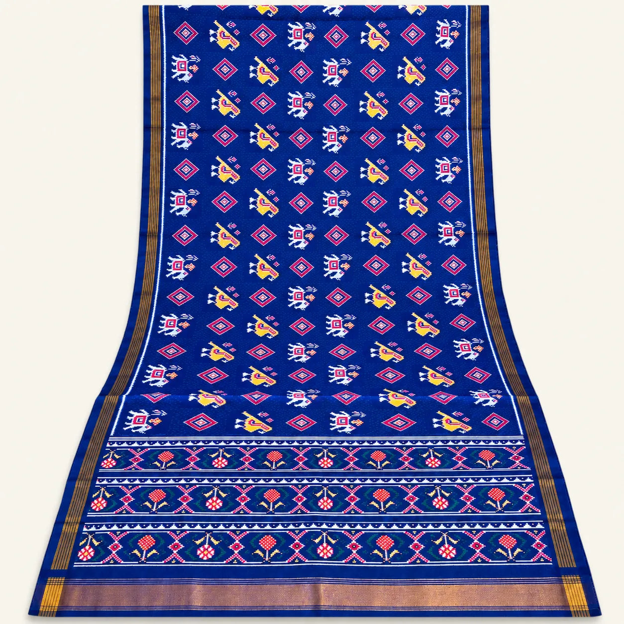 Indigo Elephant & Parrot Motif Patola Saree