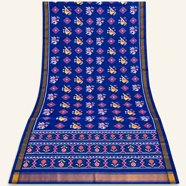 Indigo Elephant & Parrot Motif Patola Saree