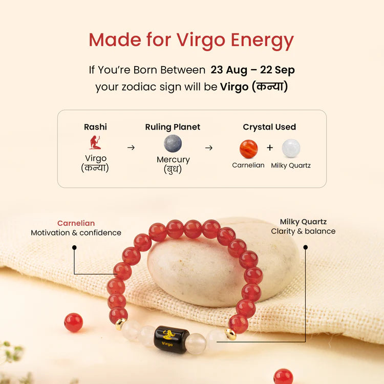 Virgo (कन्या राशि) Zodiac Carnelian & Milky Quartz Bracelet