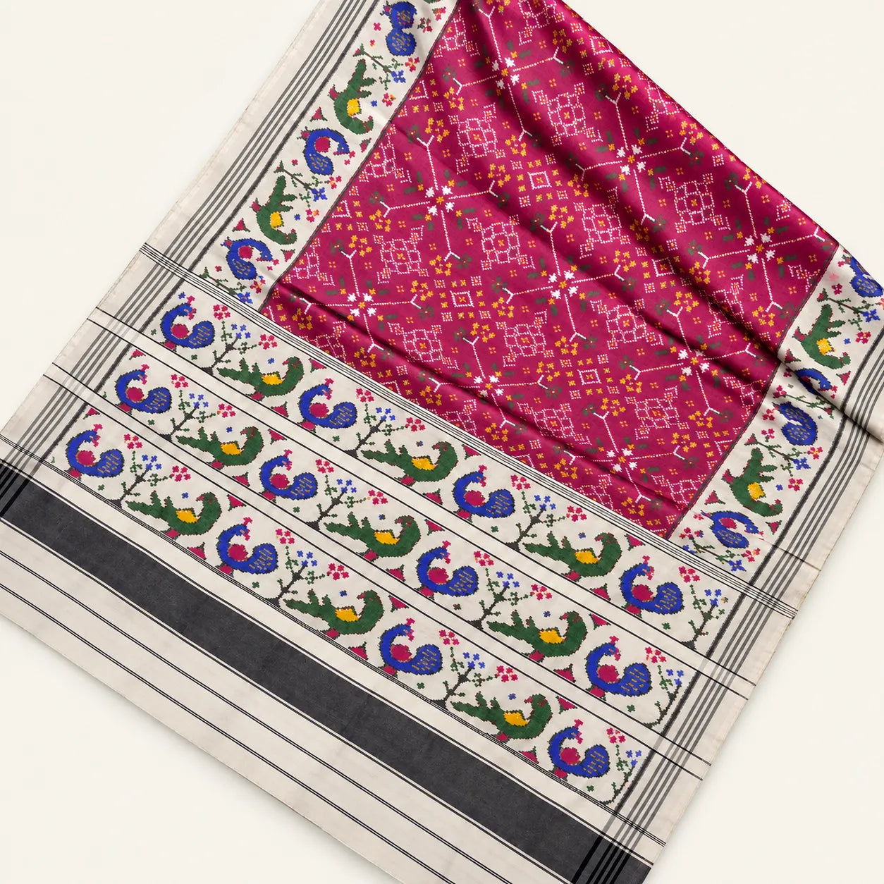Magenta Peacock & Parrot Heritage Patola Saree