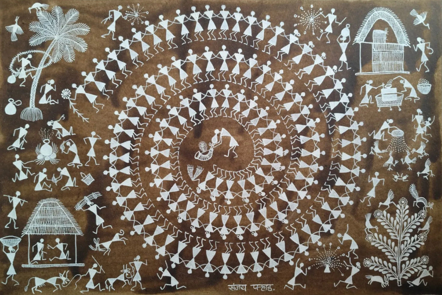 Tarpa Dance - Celebration of Tribal Life in Warli Painting by Sanjay Parhad - 100% Authentic Heritage Art by Avyaan