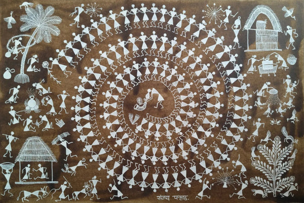 Tarpa Dance - Celebration of Tribal Life in Warli Painting by Sanjay Parhad