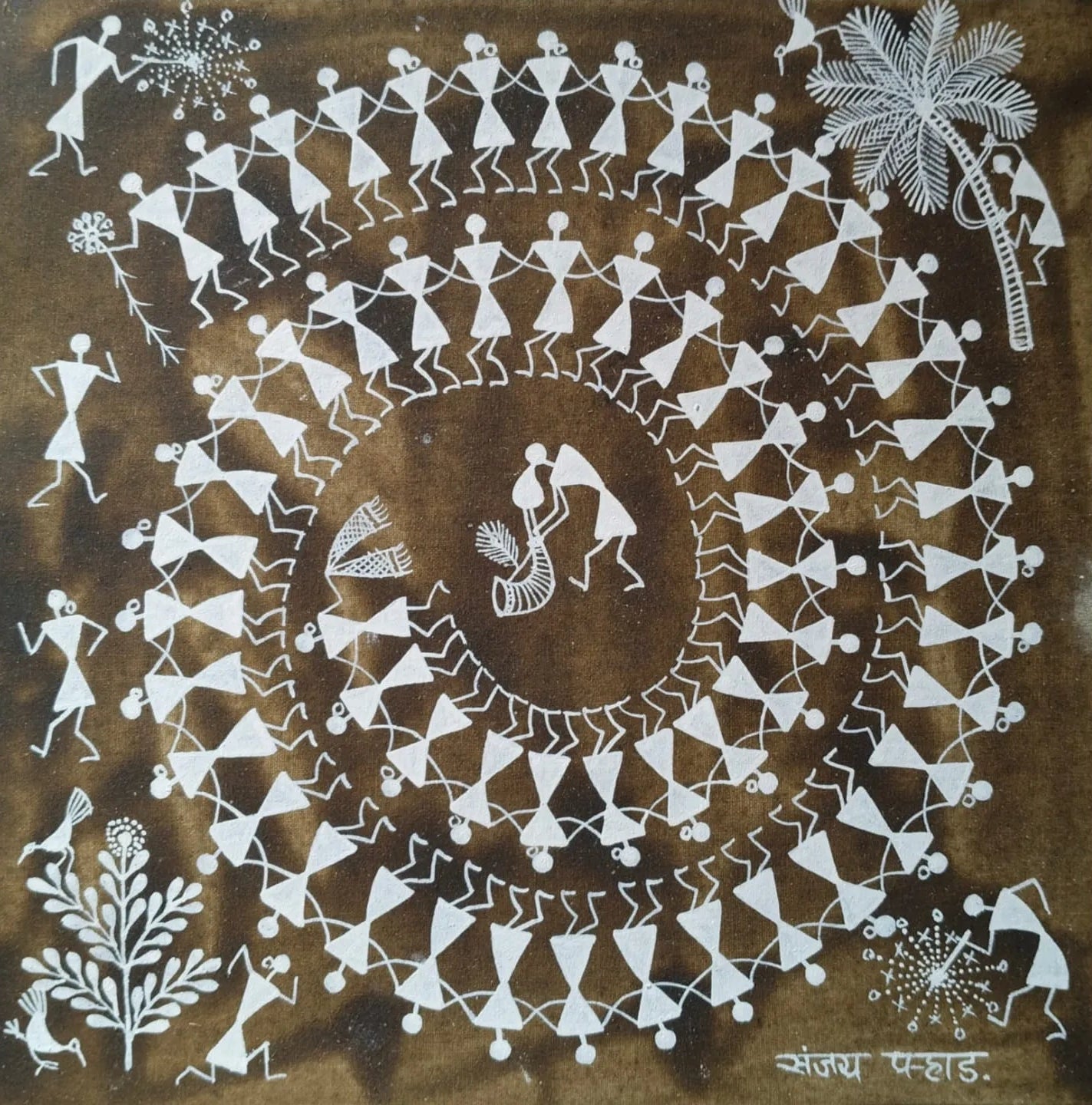 Tarpa Dance - Rhythm of Togetherness in Warli Painting by Sanjay Parhad - 100% Authentic Heritage Art by Avyaan