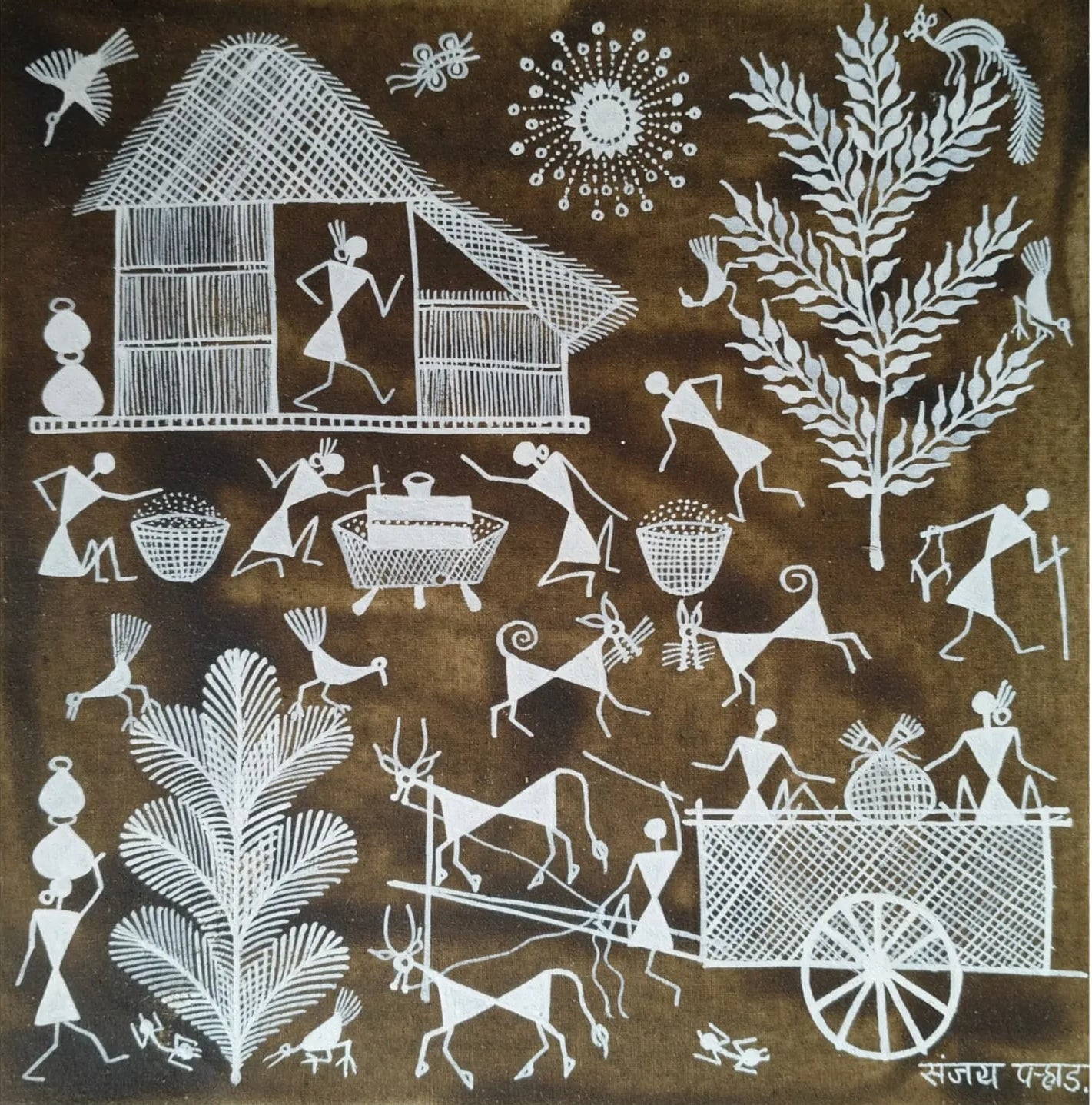 Village Life - Harmony of Community and Nature in Warli Painting by Sanjay Parhad - 100% Authentic Heritage Art by Avyaan