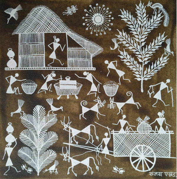 Village Life - Harmony of Community and Nature in Warli Painting by Sanjay Parhad