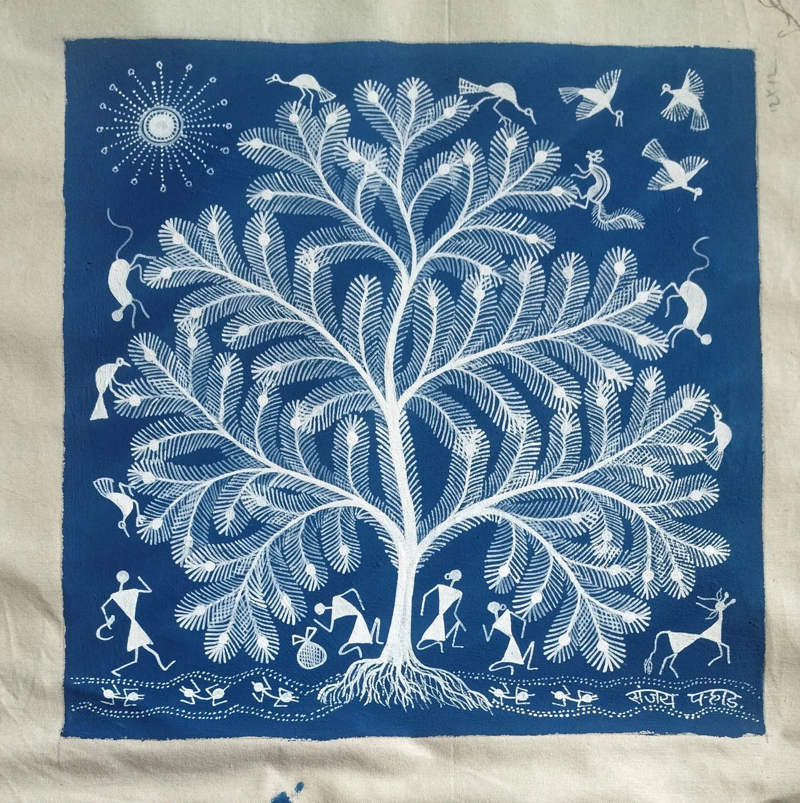 Tree of Life - Village Harmony in Warli Painting by Sanjay Parhad - 100% Authentic Heritage Art by Avyaan