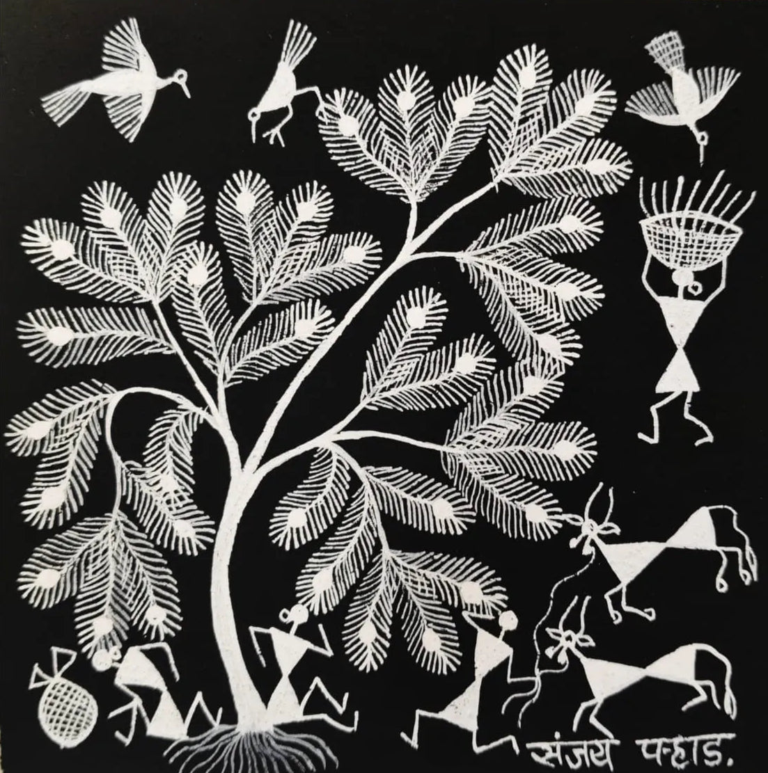 Tree of Life - Harmony of Nature and Village Life in Warli Painting by Sanjay Parhad - 100% Authentic Heritage Art by Avyaan