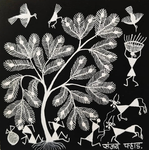 Tree of Life - Harmony of Nature and Village Life in Warli Painting by Sanjay Parhad