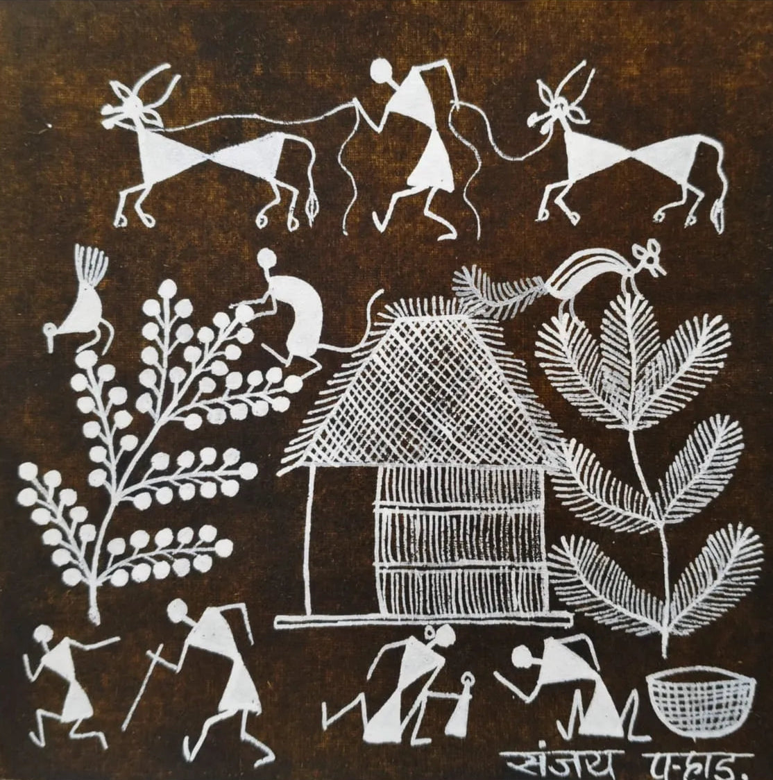 Village Life - Harmony of People, Nature and Animals in Warli Painting by Sanjay Parhad - 100% Authentic Heritage Art by Avyaan