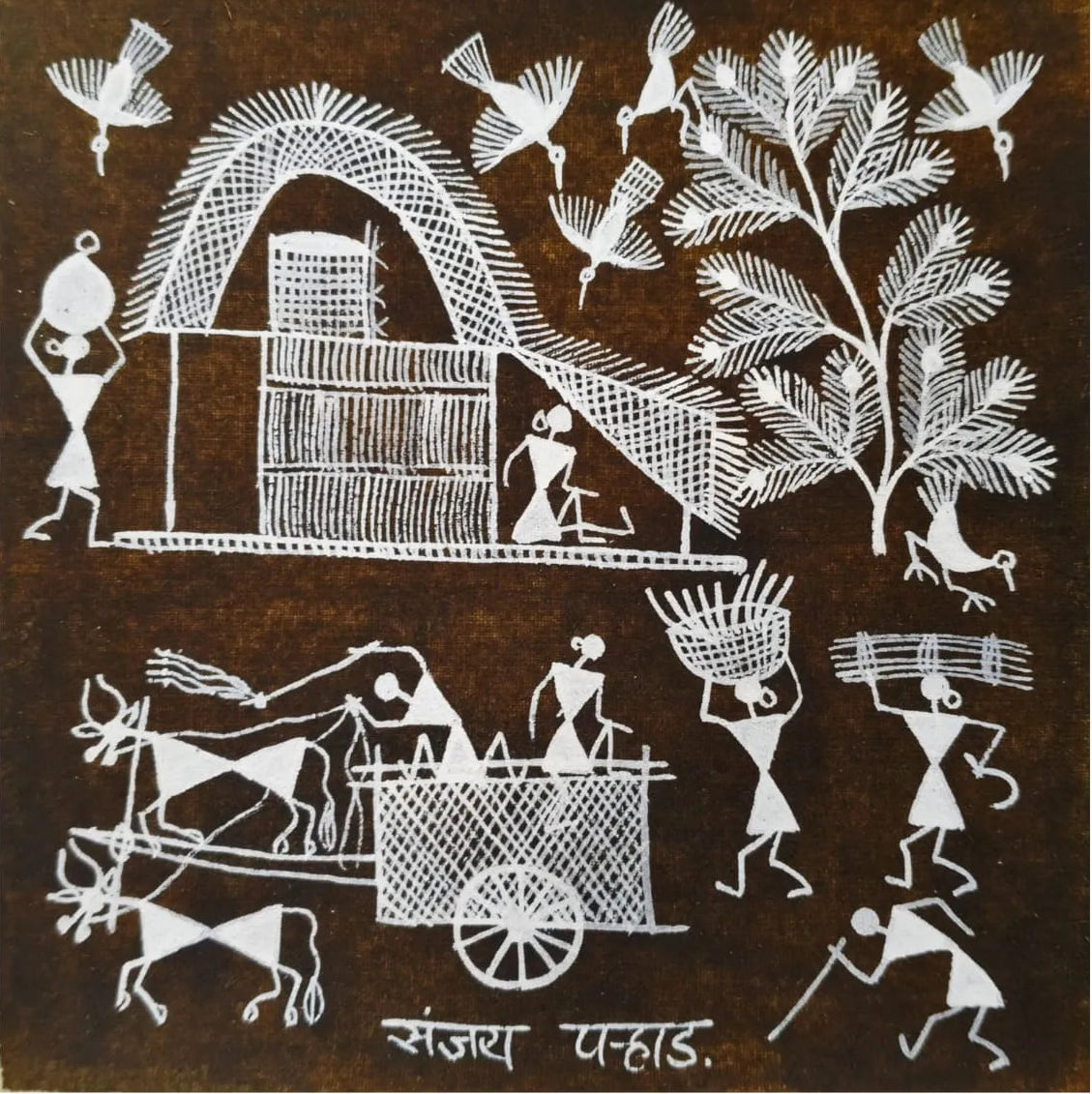 A square brown art print or tile featuring white hand-drawn folk art illustrations of figures, a cart, birds, and a tree. The artwork appears to depict a rural scene with a hut, people carrying loads, and animals. - 100% Authentic Heritage Art by Avyaan
