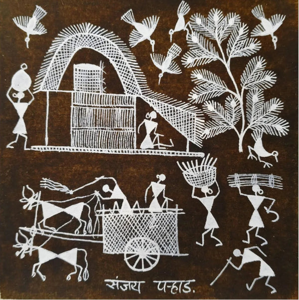 Village Journey - Life and Livelihood in Warli Painting by Sanjay Parhad