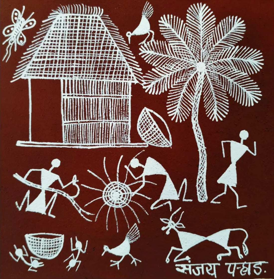 Village Life - Harmony of Nature and Community in Warli Painting by Sanjay Parhad - 100% Authentic Heritage Art by Avyaan