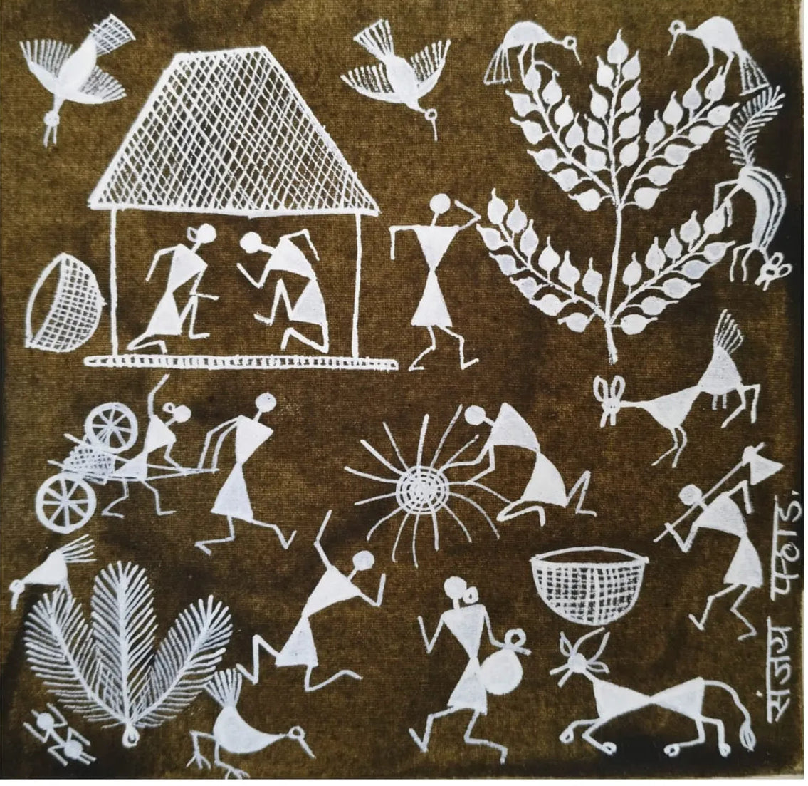 Village Life - Harmony of Nature and Community in Warli Painting by Sanjay Parhad - 100% Authentic Heritage Art by Avyaan