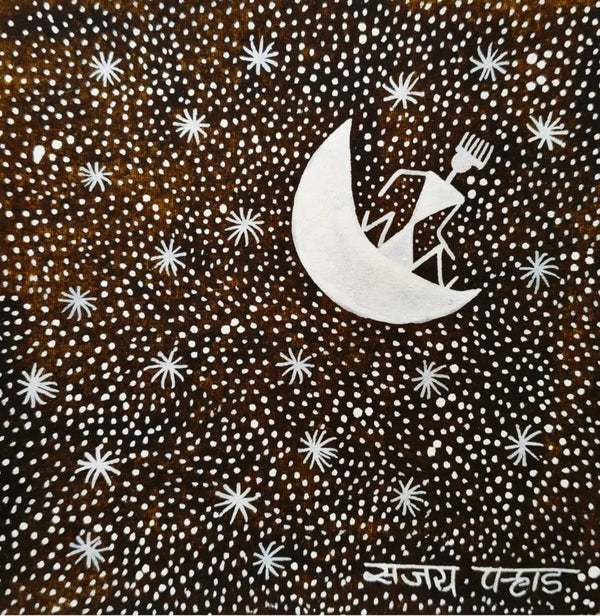 Moonlit Harvest - Nighttime Farming in Warli Painting by Sanjay Parhad