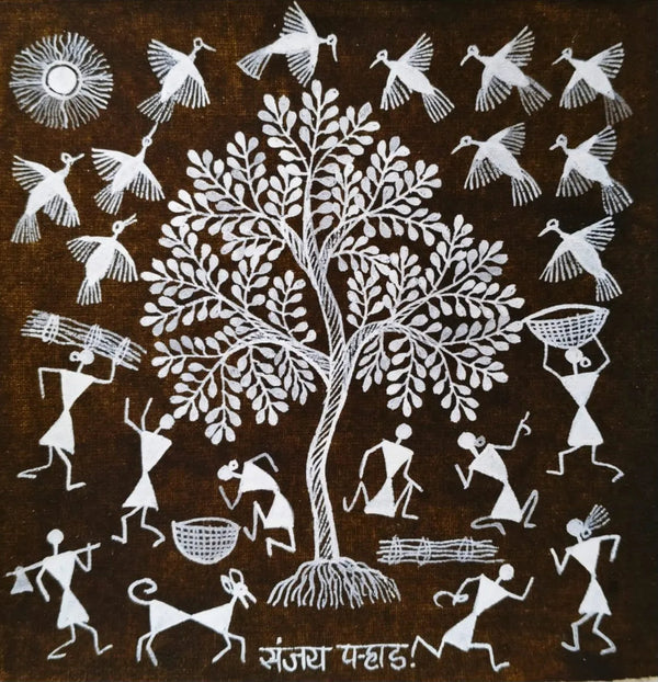 Tree of Life - Birds, Nature & Community in Warli Painting by Sanjay Parhad