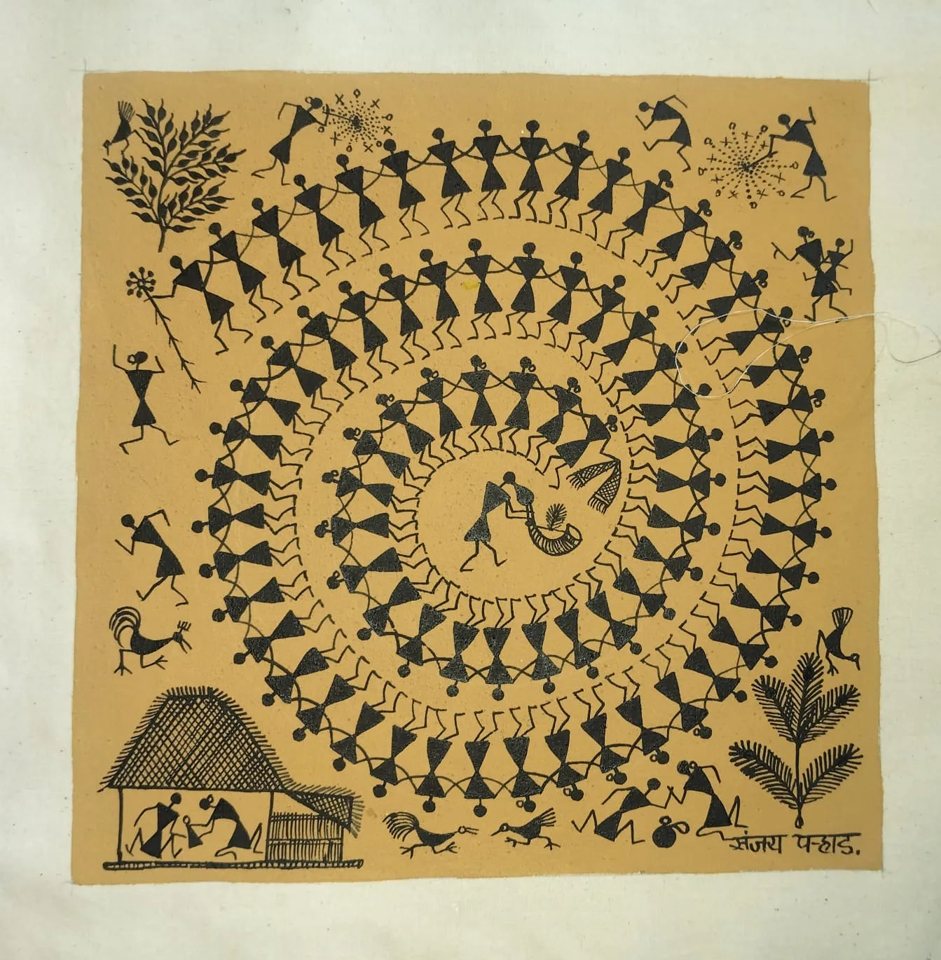 Tarpa Dance - Circle of Community in Warli Painting by Sanjay Parhad - 100% Authentic Heritage Art by Avyaan