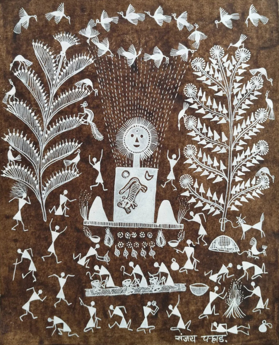 Sacred Harvest - Celebration of Nature and Community in Warli Painting by Sanjay Parhad - 100% Authentic Heritage Art by Avyaan