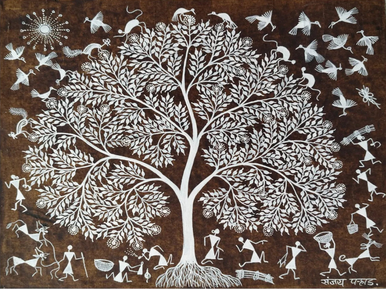 Tree of Life - Harmony of Nature in Warli Painting by Sanjay Parhad - 100% Authentic Heritage Art by Avyaan